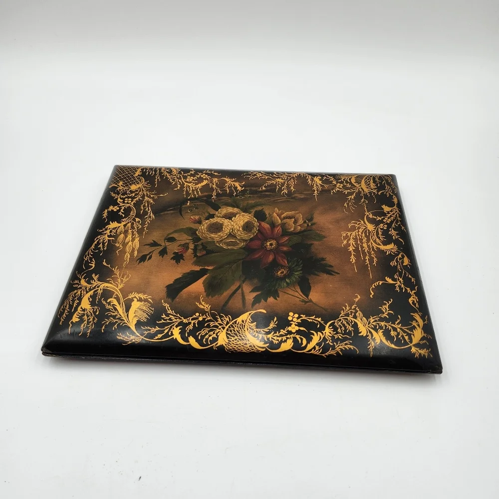 Antique ART Victorian Edwardian lacquer PAPIER MACHE BOOK COVER FLOWERS